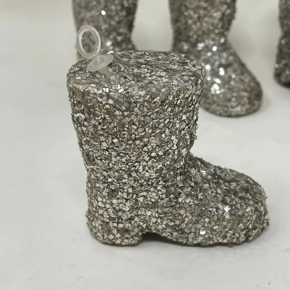Vintage Silver Glitter Boot Christmas Ornaments Set of 4  Winter Holiday Decor